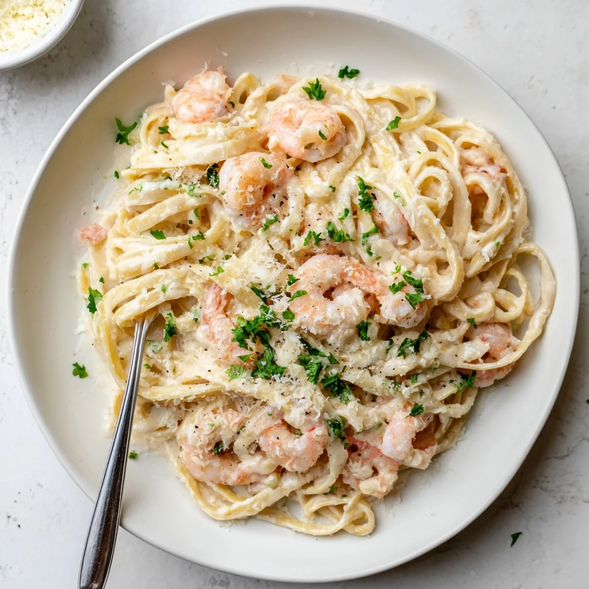 Steamy one pan shrimp fettuccine alfredo sprinkled with fresh parsley and red pepper flakes