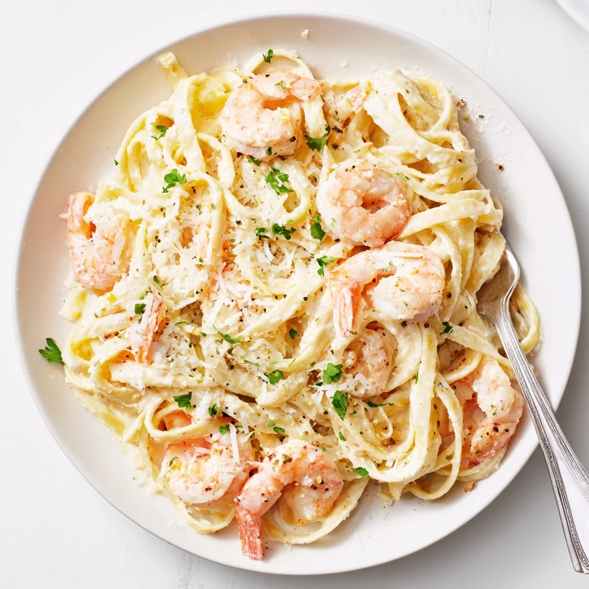 Golden brown shrimp resting on bed of glossy fettuccine noodles coated in white alfredo sauce