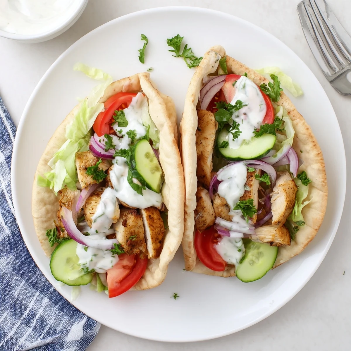 Spiced roasted chicken shawarma slices drizzled with creamy garlic sauce inside soft pita bread