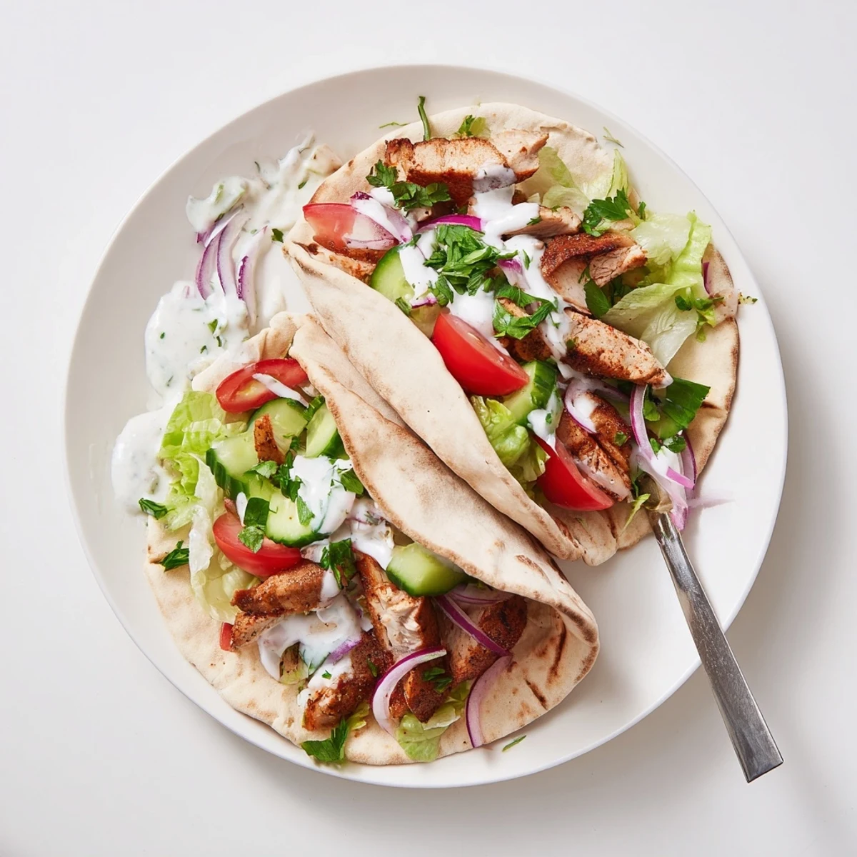 Golden chicken shawarma wrapped in warm pita with tangy garlic sauce and crisp vegetables