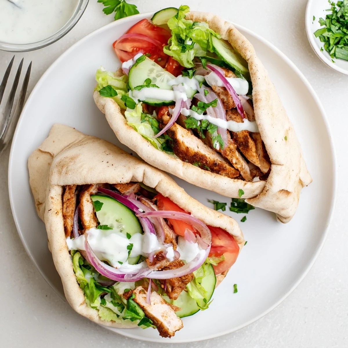 Savory Middle Eastern chicken shawarma with fresh lettuce, tomatoes, and homemade white garlic sauce