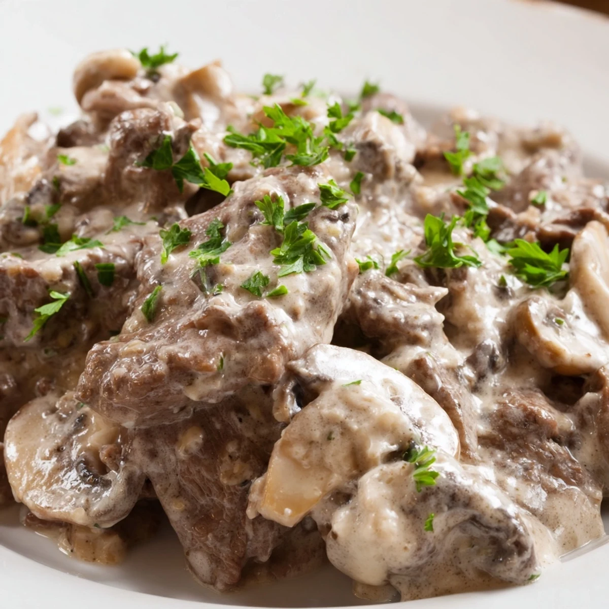 Golden beef stroganoff with creamy mushroom sauce over tender egg noodles garnished with fresh parsley