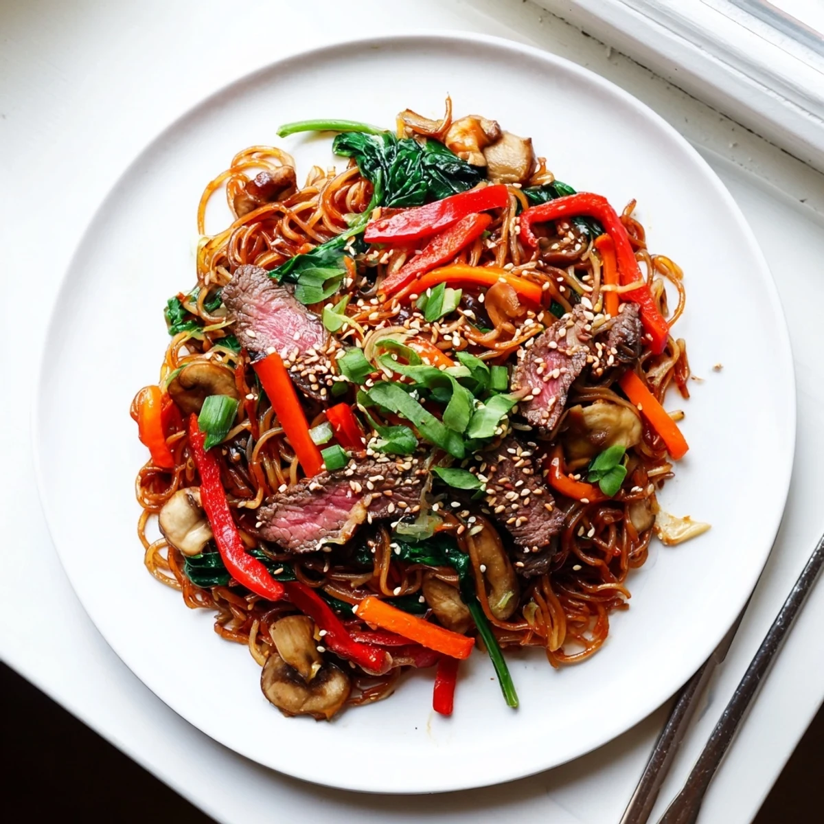 Steaming bowl of Korean beef noodles featuring tender meat slices, colorful vegetables, and chewy noodles coated in savory-sweet gochujang sauce