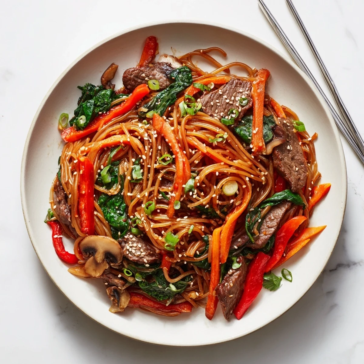 Plate of Korean beef noodles tossed with carrots, bell peppers, and mushrooms in a glossy, spicy-sweet Korean-inspired glaze
