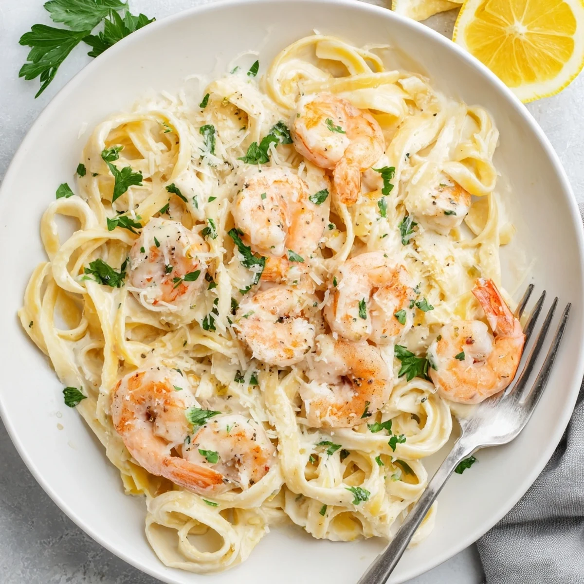 Creamy shrimp fettuccine pasta draped in velvety homemade Alfredo sauce with fresh parsley garnish