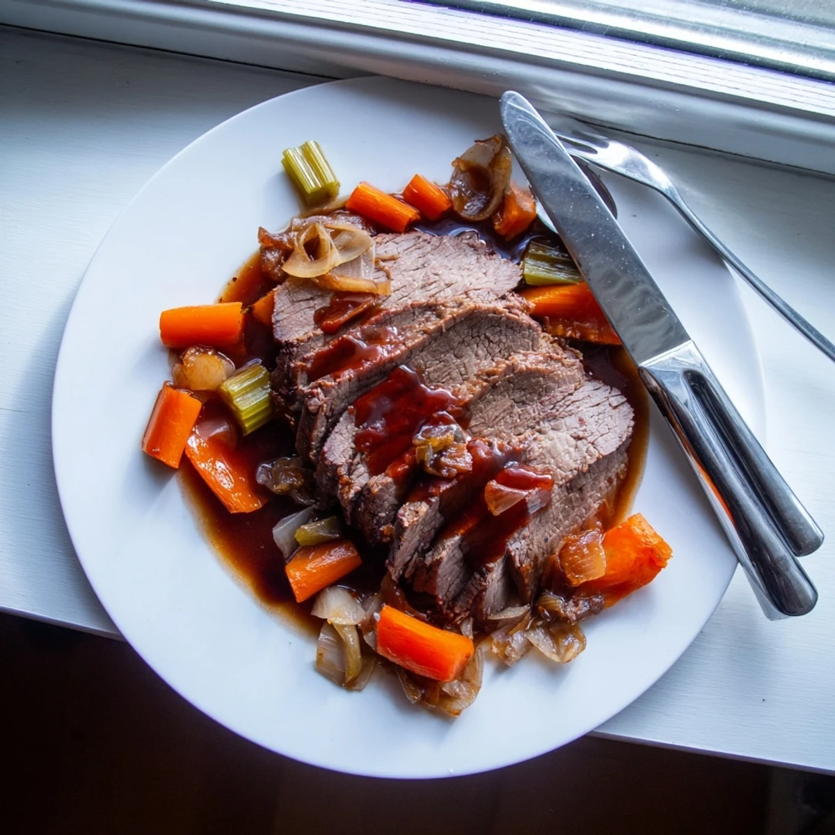 Torn pieces of savory slow cooker beef brisket smothered in rich barbecue-style sauce