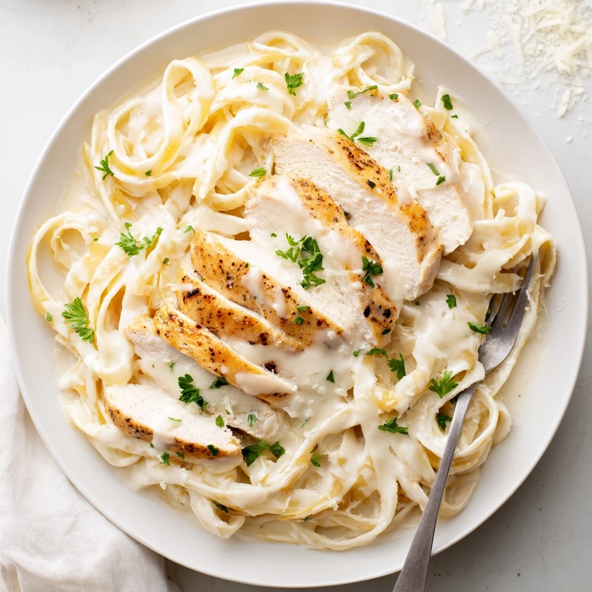 Golden brown chicken pieces atop fettuccine noodles coated in homemade white parmesan alfredo sauce