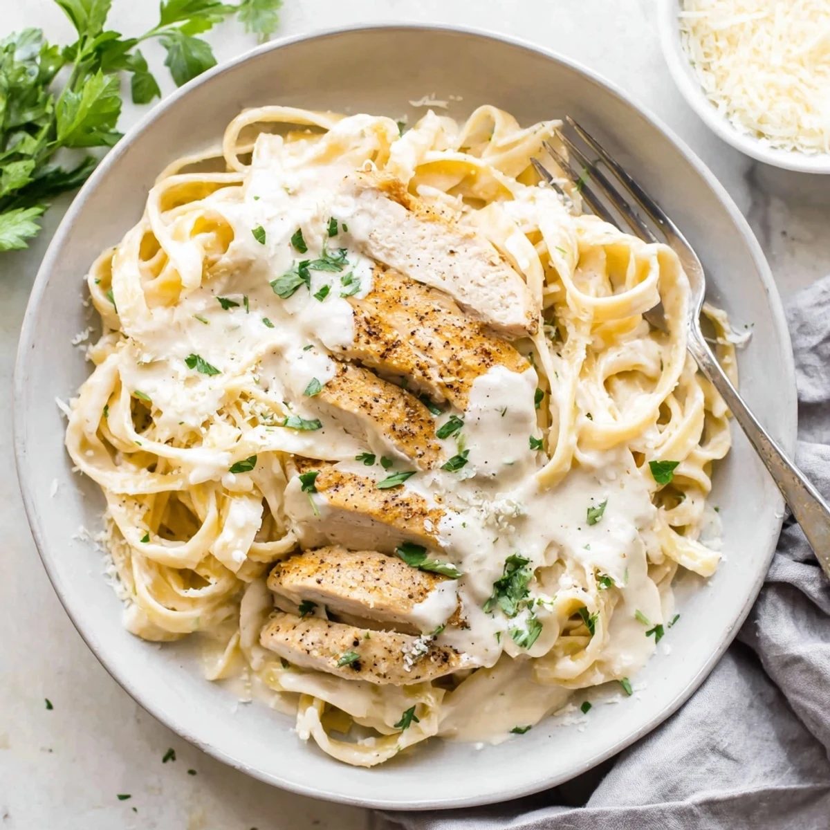 Heaping plate of chicken alfredo pasta garnished with fresh parsley and extra grated cheese