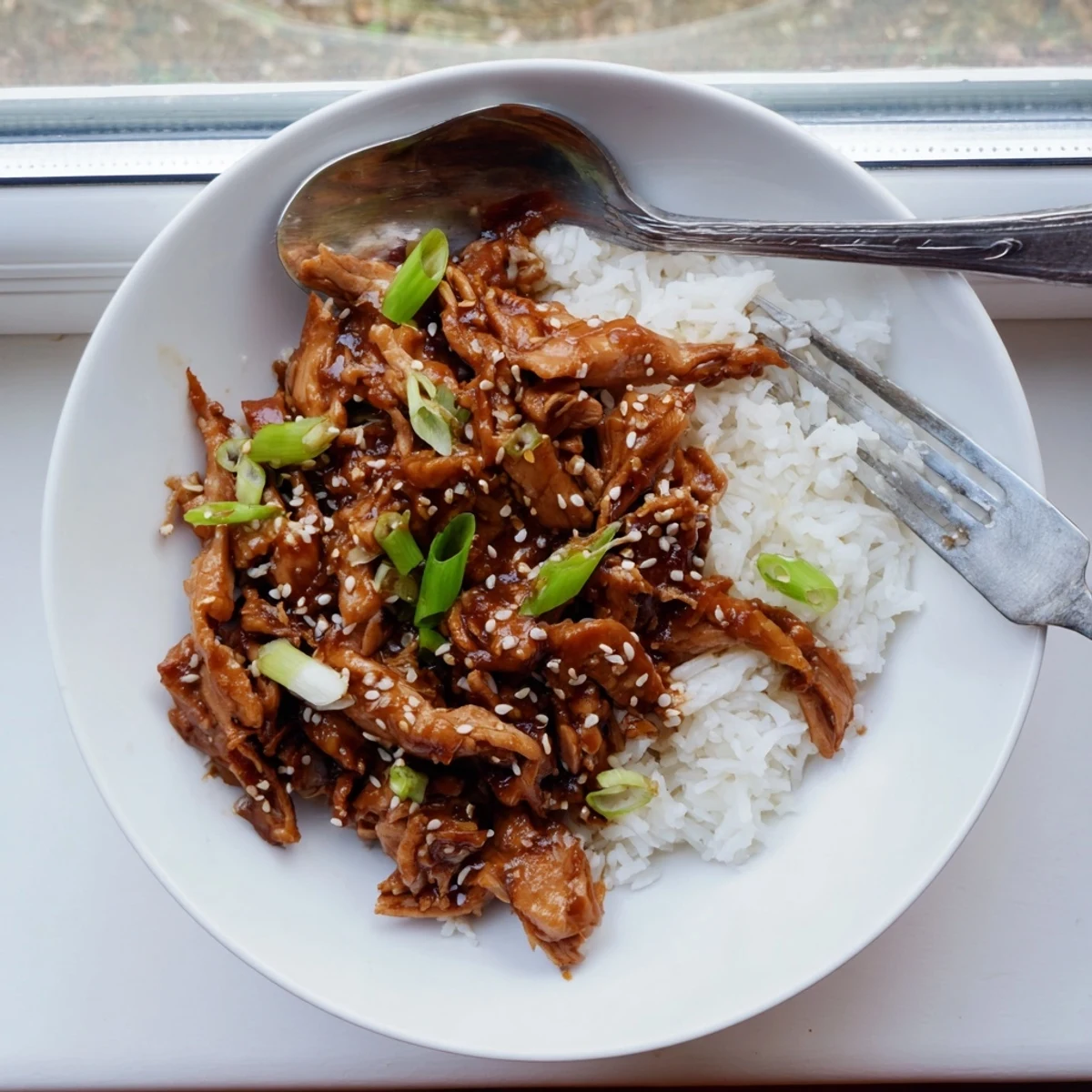 Savory slow cooker Mongolian chicken served over steamed white rice with sesame seeds and fresh sliced scallions