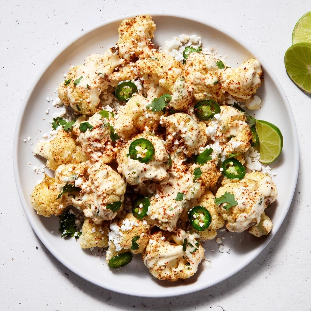 Roasted cauliflower elote drizzled with creamy lime sauce and topped with crumbled cotija cheese