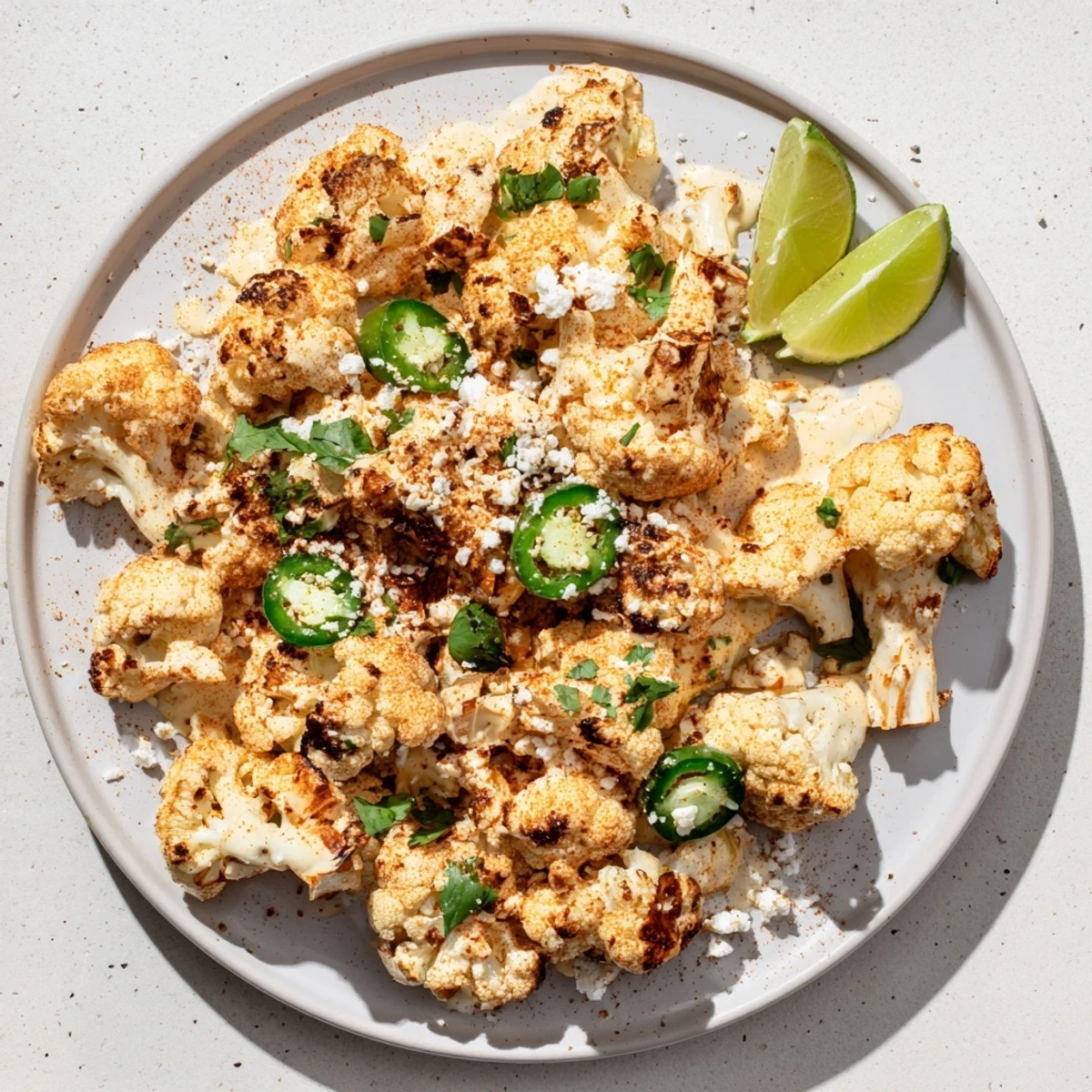 Golden cauliflower florets coated in tangy Mexican street corn sauce and fresh cilantro garnish