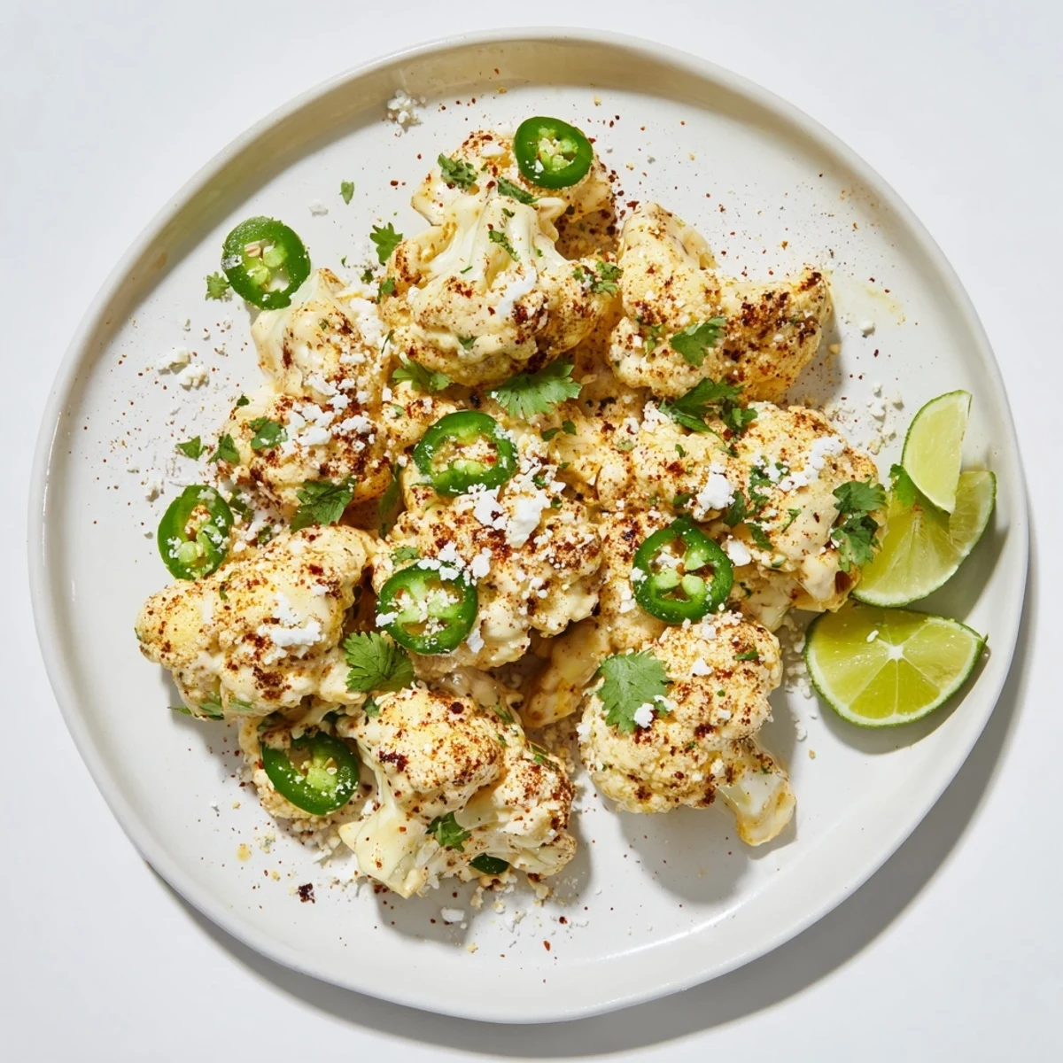 Cauliflower elote served on platter with spicy mayo sauce, chili powder, and lime wedges
