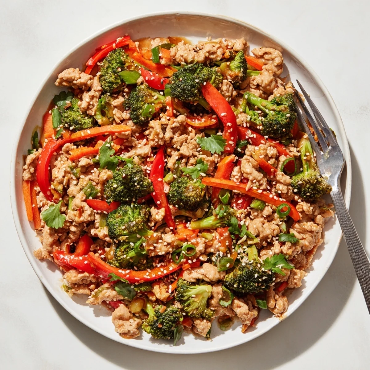 Healthy ground turkey stir fry with crisp broccoli florets served over steamed white rice