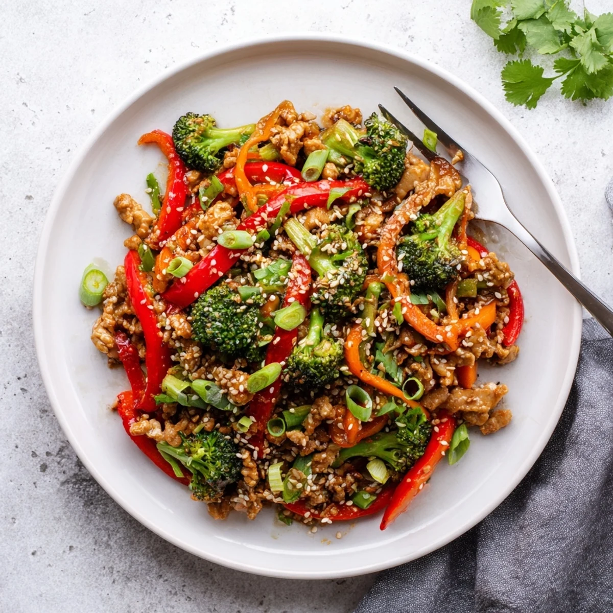 Weeknight dinner bowl featuring ground turkey stir fry with tender broccoli and red bell peppers