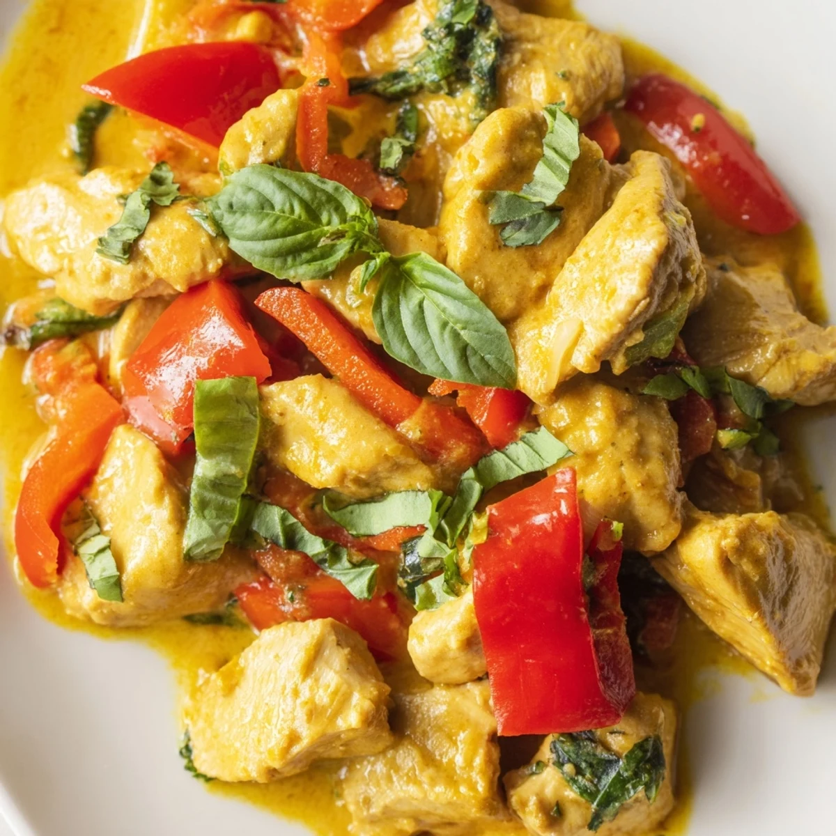 Creamy basil chicken in coconut curry sauce served over steamed white jasmine rice