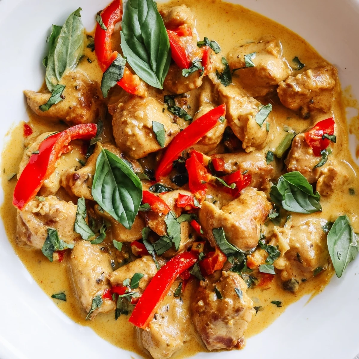 Golden chicken pieces simmered in rich coconut curry with vibrant bell pepper strips