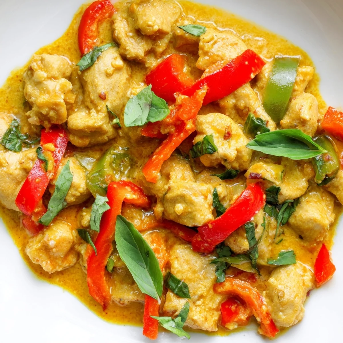 Fragrant Thai-inspired basil chicken curry garnished with fresh green basil leaves and cilantro