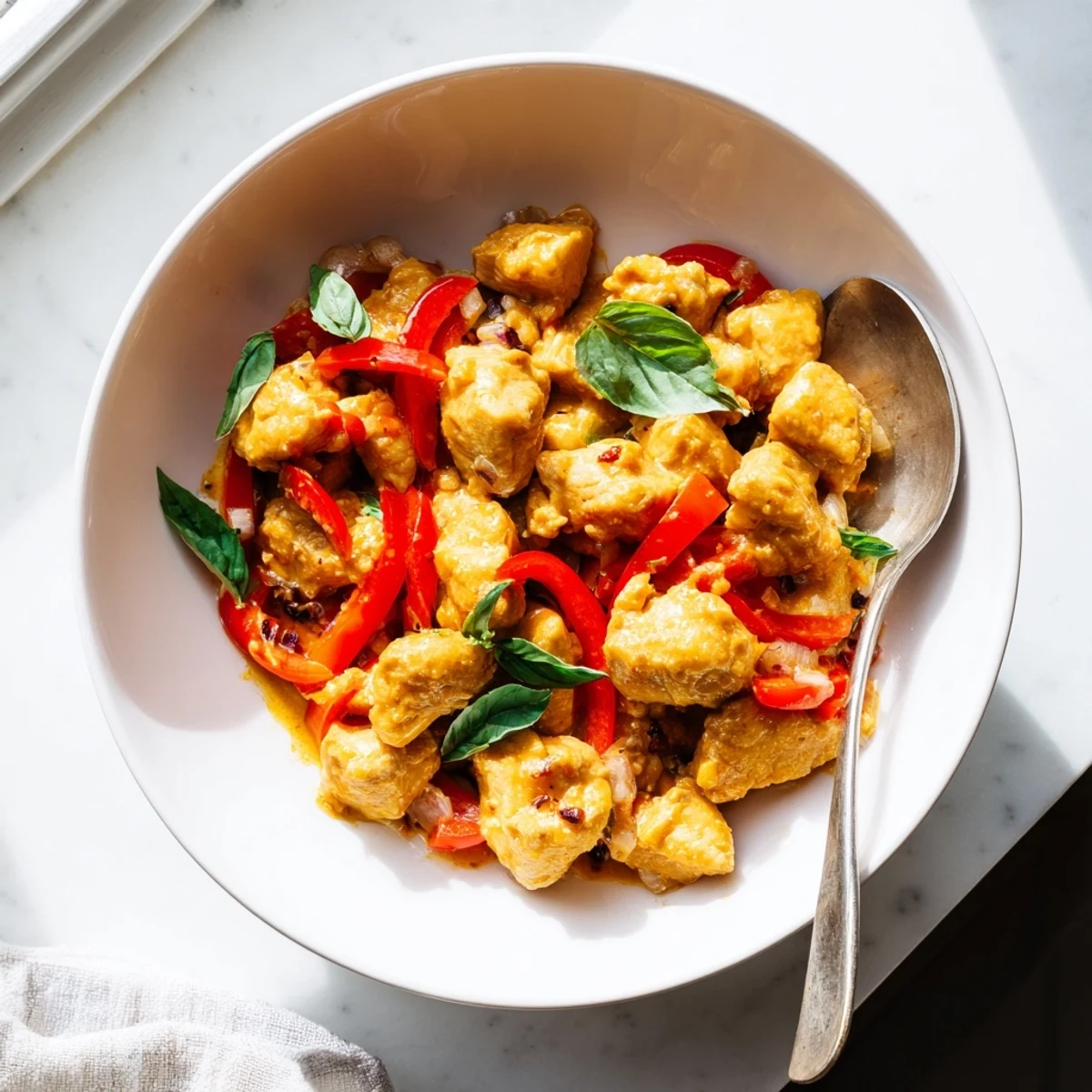 Golden basil chicken with coconut curry sauce served over fluffy white jasmine rice