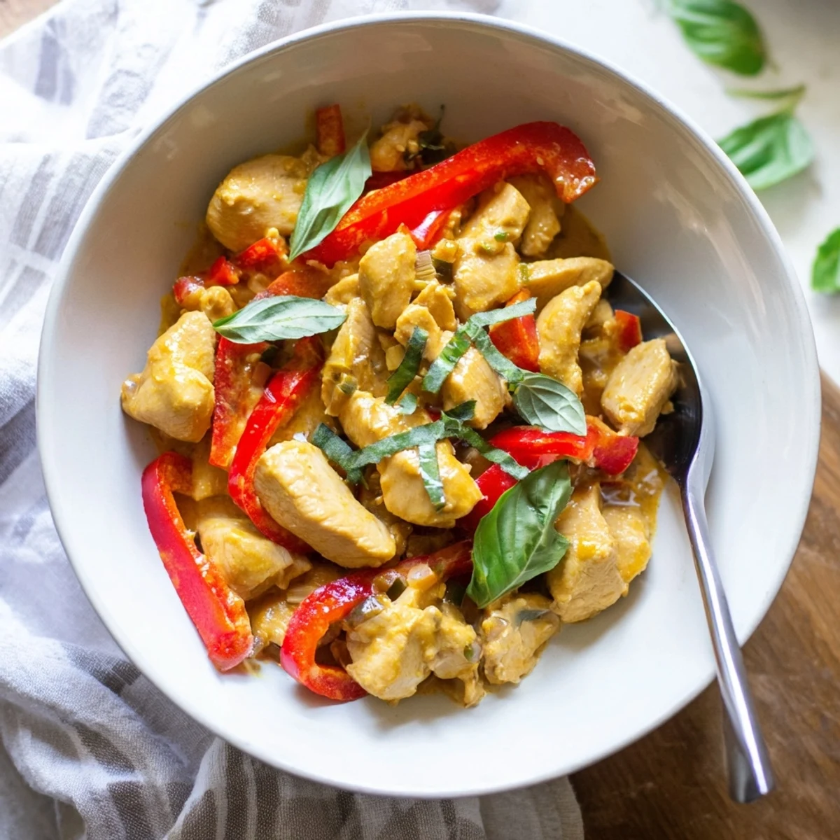 Creamy Thai-inspired coconut curry chicken with tender pieces and fresh green basil garnish
