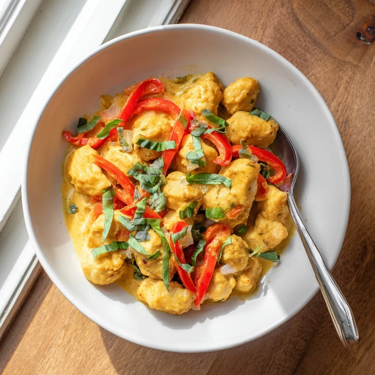 Savory chicken simmered in fragrant coconut curry sauce with colorful bell pepper slices