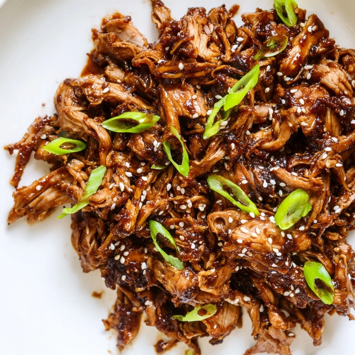 Golden shredded slow cooker Mongolian chicken coated in glossy brown sauce over fluffy white rice