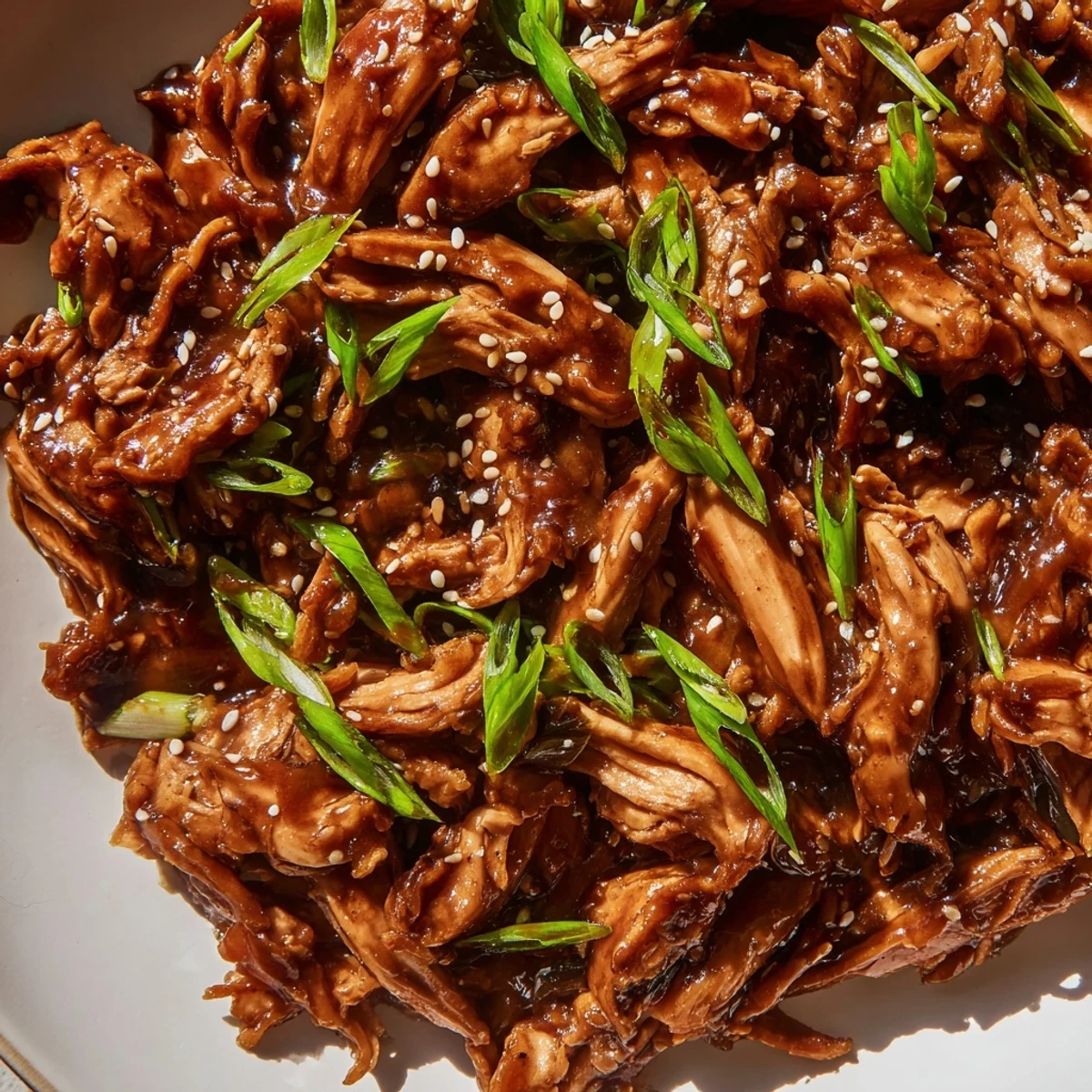 Tender chicken pieces slow-cooked in savory-sweet Mongolian sauce garnished with fresh green onions and sesame seeds