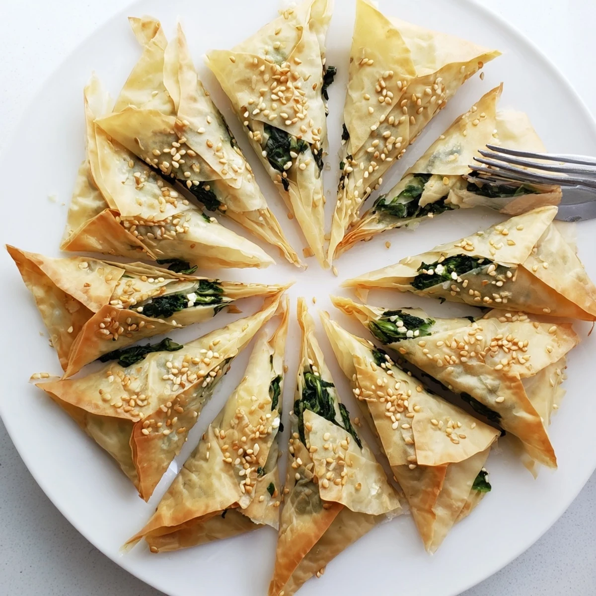 Flaky phyllo triangles stuffed with savory spinach feta filling and fresh Mediterranean herbs