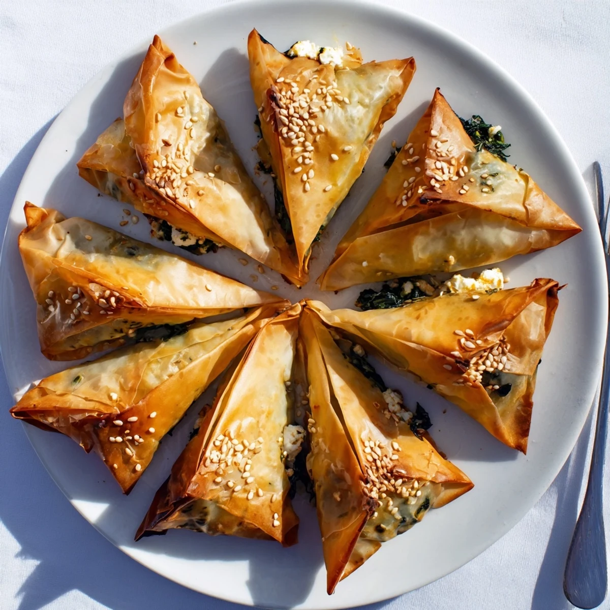 Golden crispy Mediterranean spinach and feta crisps arranged on a white serving platter
