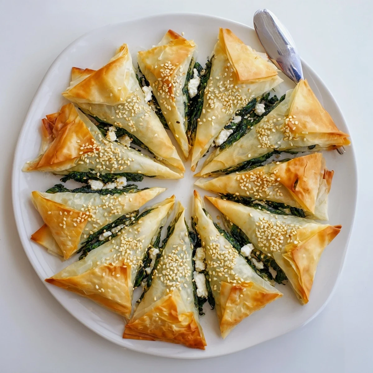 Baked spinach and feta appetizers with golden buttery pastry and sesame seed topping