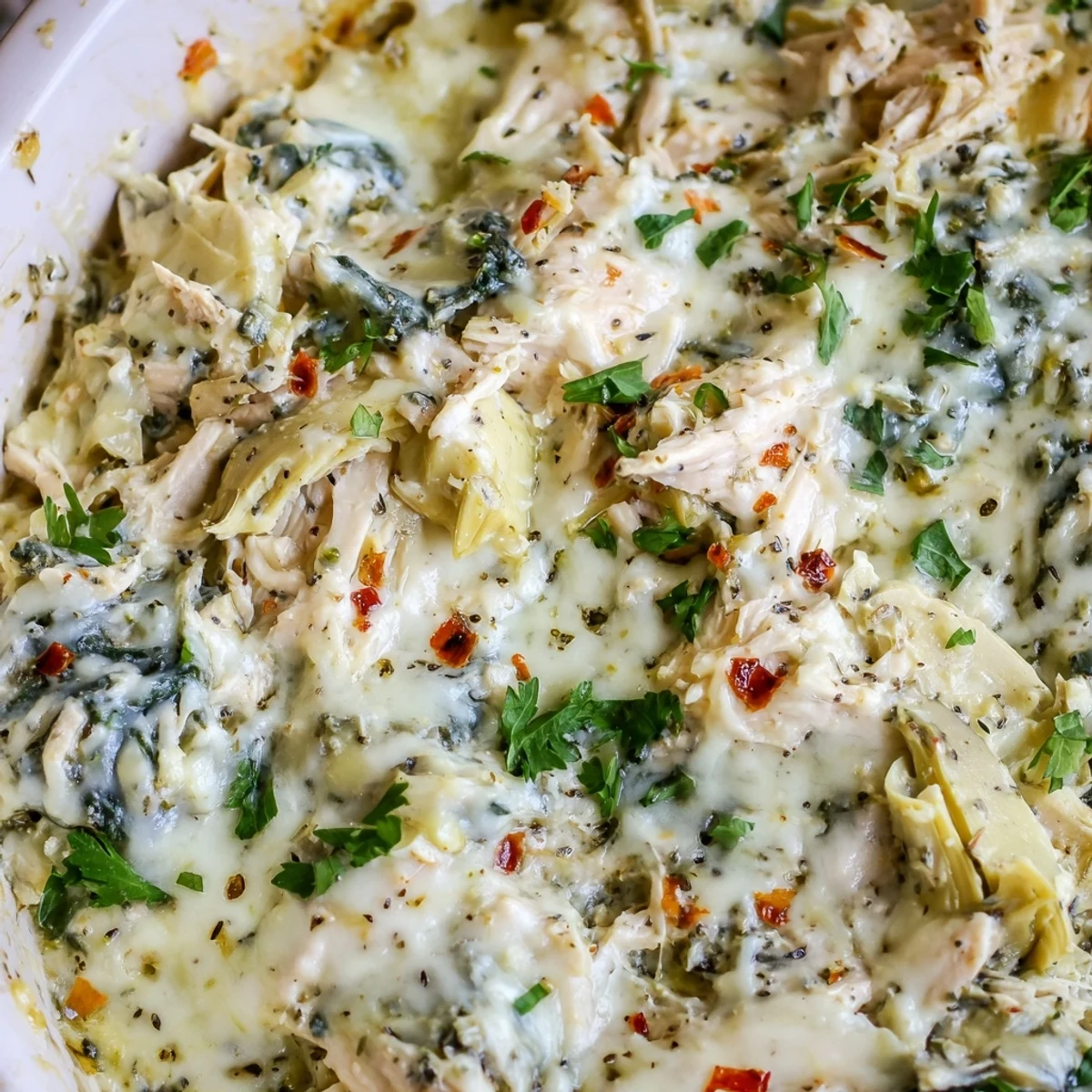 Golden bubbly high protein spinach and artichoke chicken casserole fresh from the oven with melted mozzarella topping