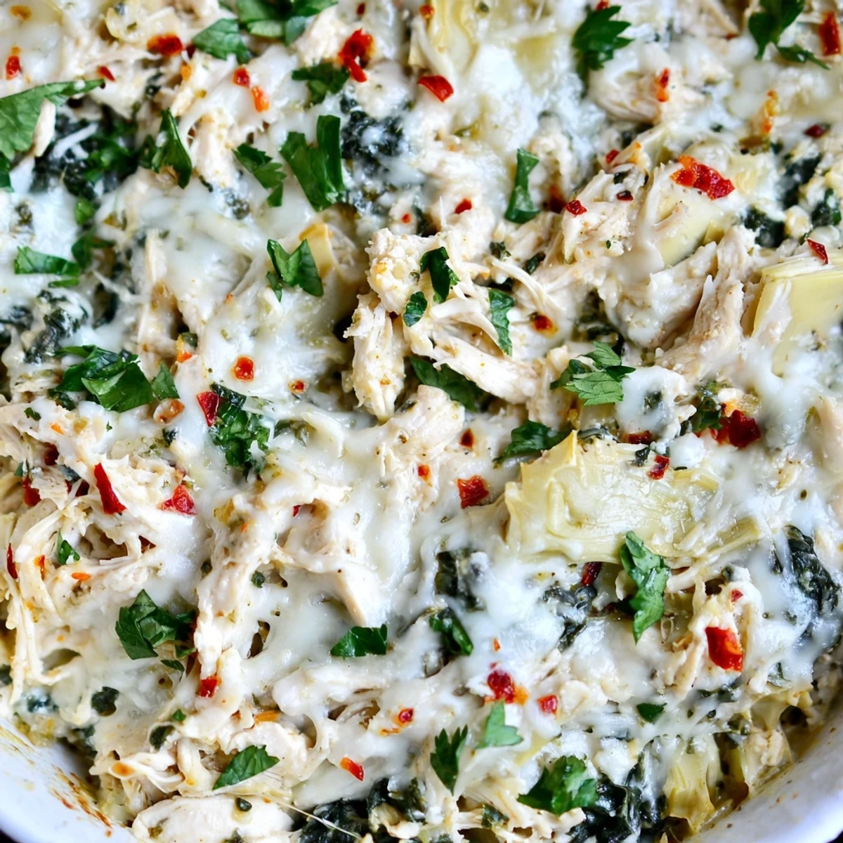 Creamy baked chicken casserole with tender spinach and artichokes garnished with fresh parsley and parmesan
