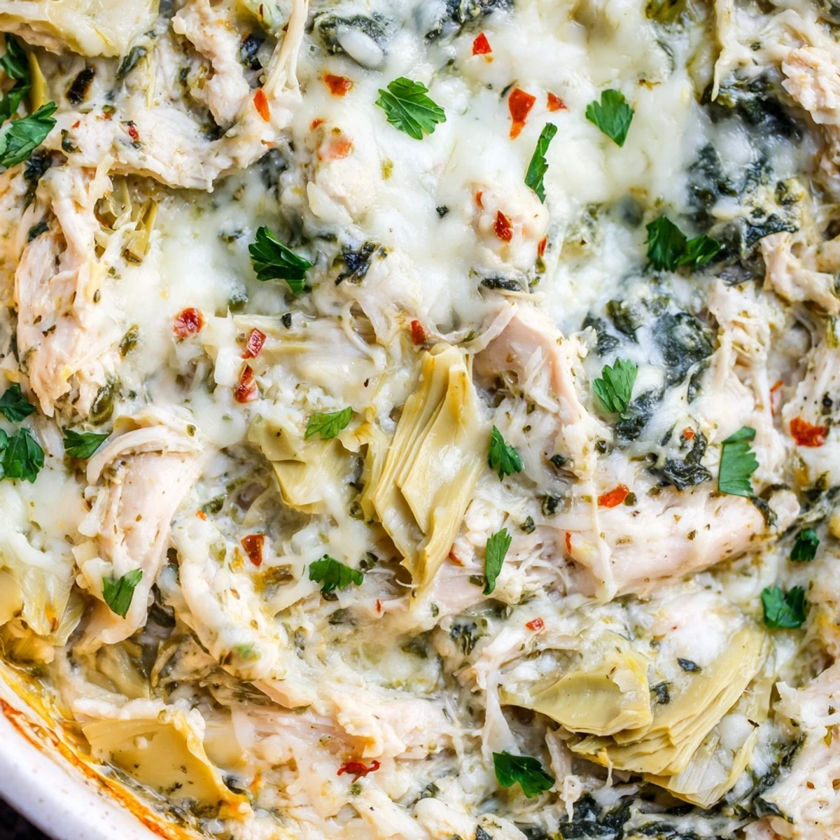 Hearty high protein casserole dish featuring shredded chicken mixed with artichoke hearts and wilted spinach under golden cheese