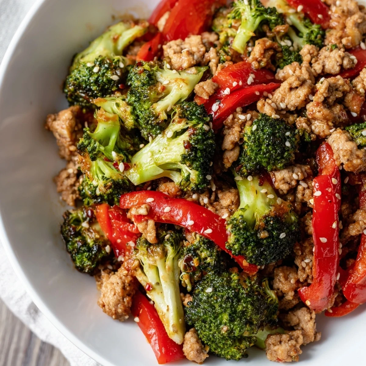 Ground turkey stir fry with broccoli plated over white rice, garnished with sesame seeds and fresh green onions in a dark serving bowl