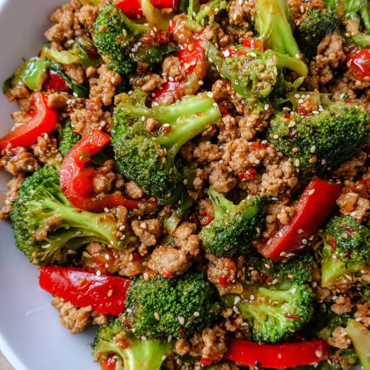 Colorful ground turkey stir fry featuring crisp broccoli florets, red bell pepper slices, and a glossy savory sauce coating in a white bowl