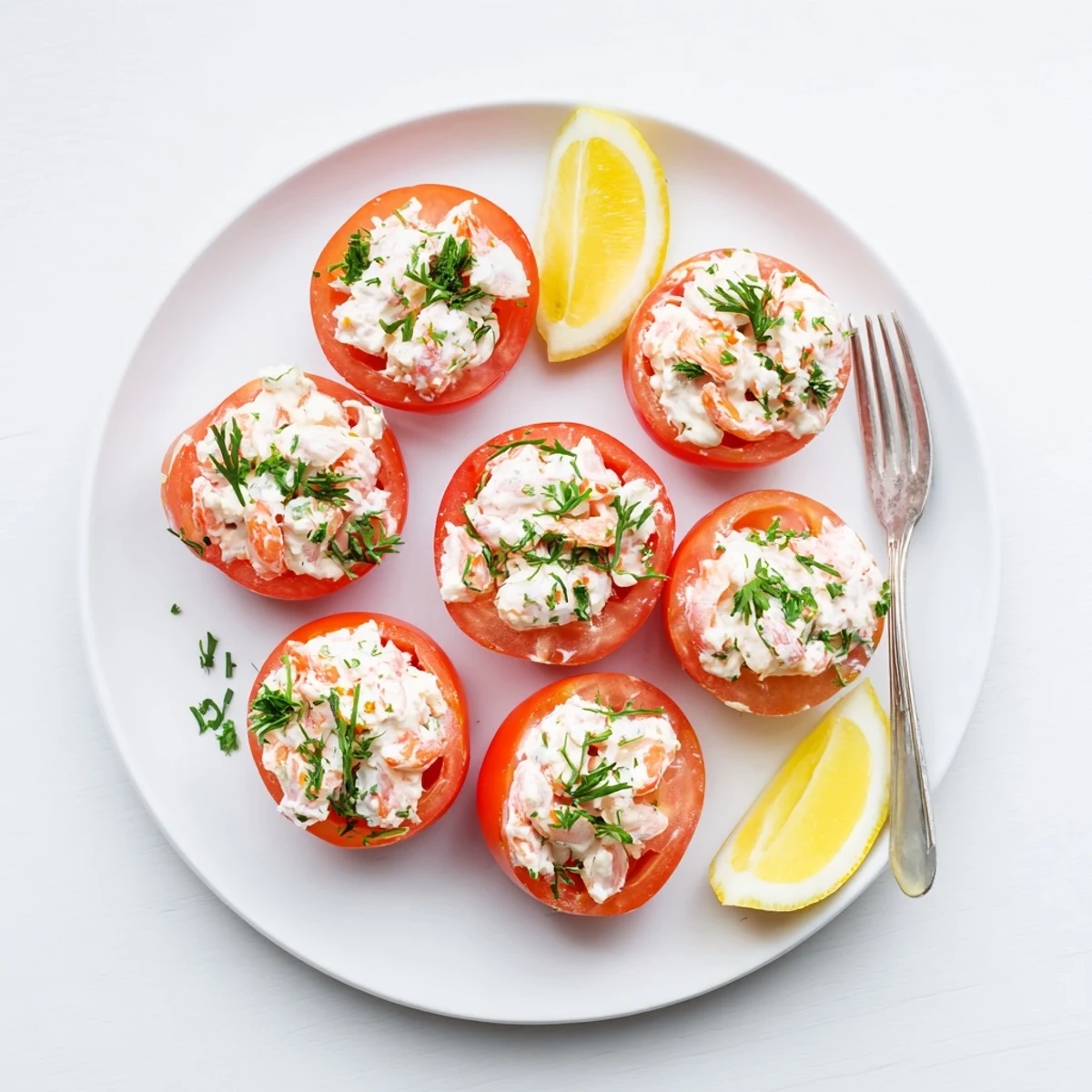 Golden shrimp mixture overflowing from hollowed tomatoes on a serving platter with chives