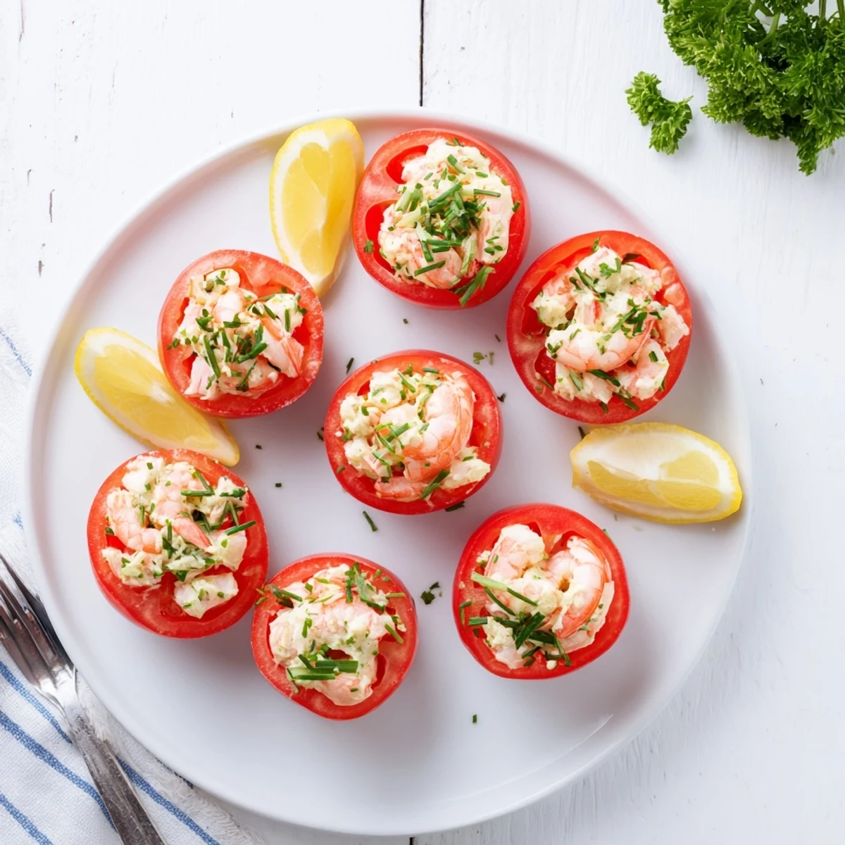 Classic Tomates Aux Crevettes appetizer featuring filled tomatoes garnished with parsley and lemon wedges
