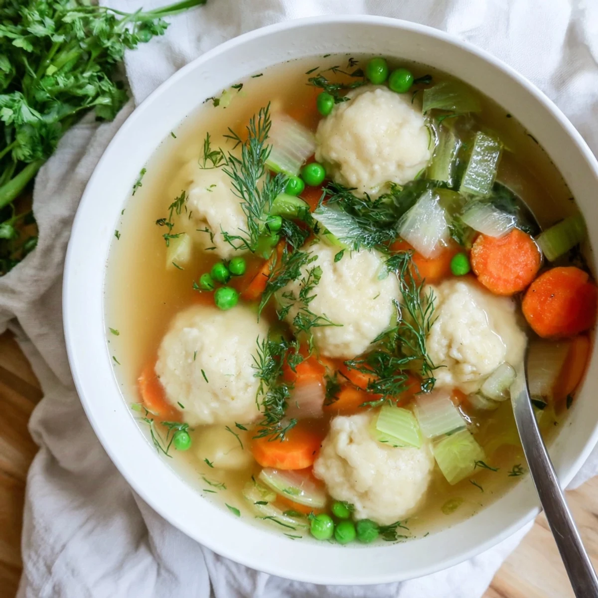 Golden homemade dumplings simmer gently in aromatic vegetable broth alongside colorful peas and fresh herbs in this cozy soup