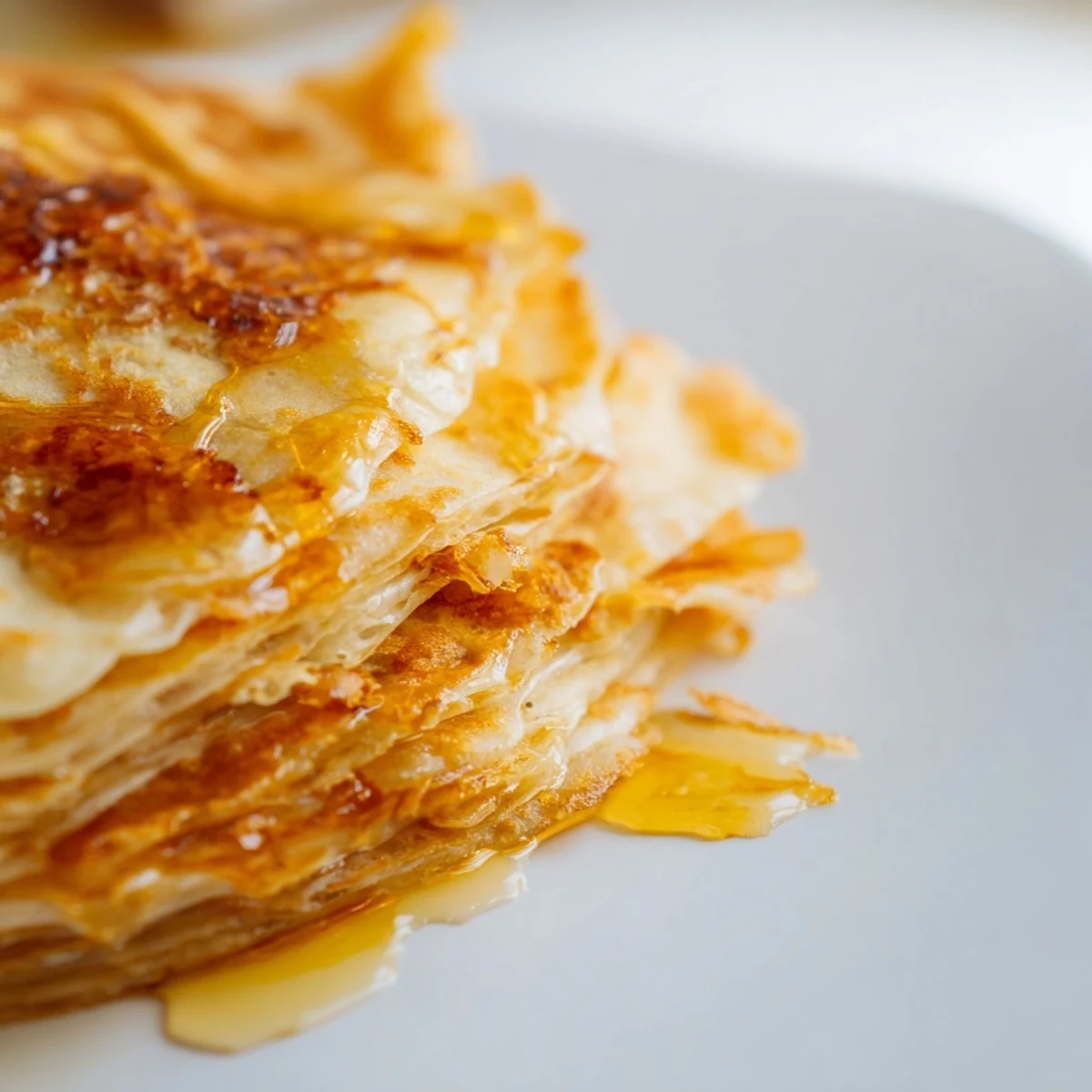 Golden stack of Meloui Moroccan pancakes drizzled with honey on a rustic wooden board
