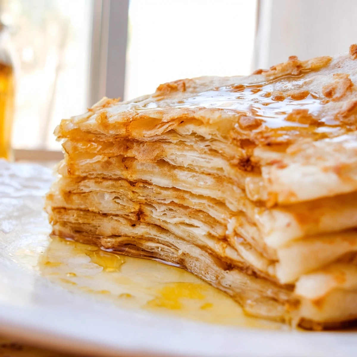 Flaky layered Meloui pancakes being cooked in a skillet until golden and crispy