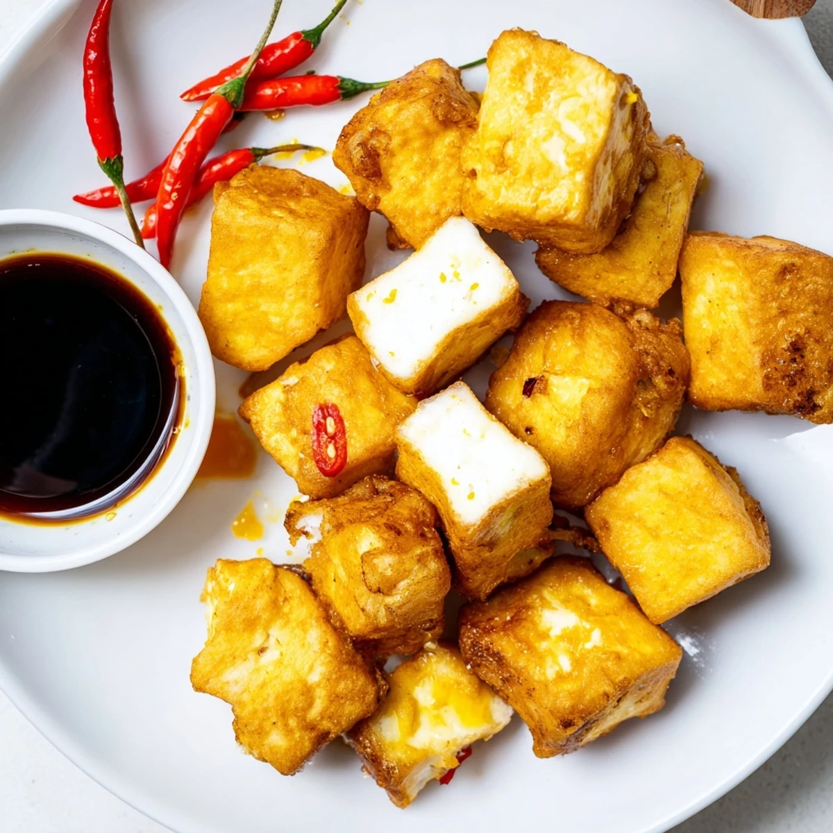 Golden crispy Tahu Sumedang arranged on a serving plate with fresh green chilies