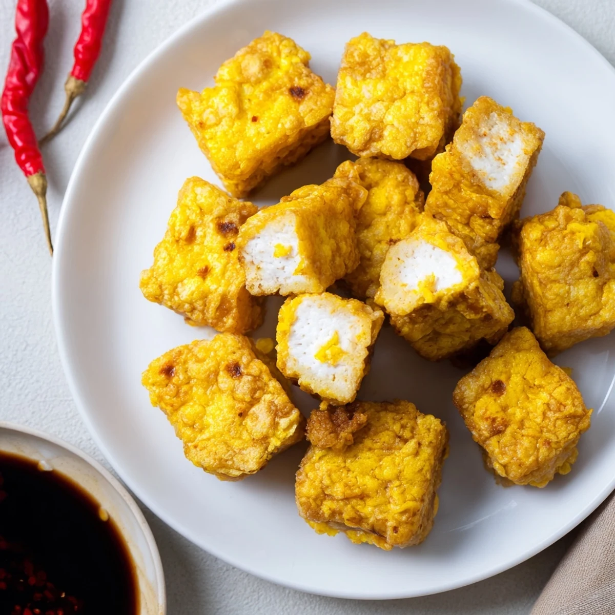 Deep fried Indonesian tofu cubes displaying a perfectly crunchy golden brown exterior coating
