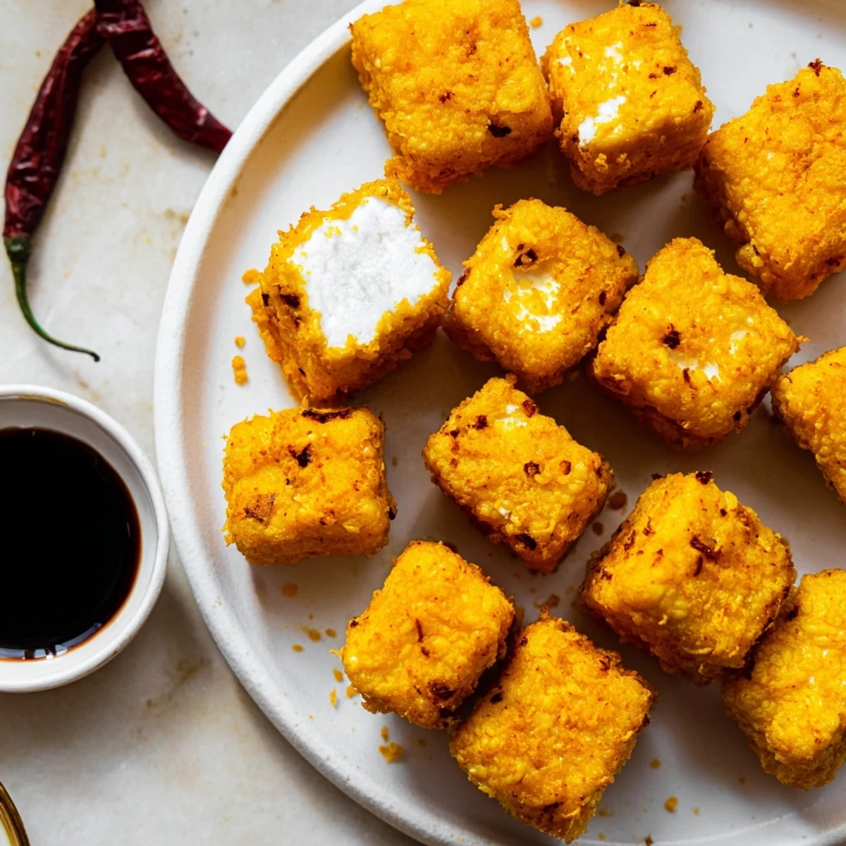 Vegan Tahu Sumedang snack served hot with sweet soy sauce dipping bowl nearby