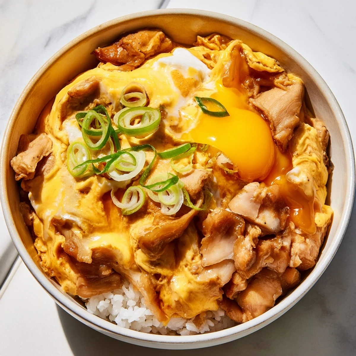 Golden Oyakodon bowl featuring tender chicken and silky eggs over steaming white rice