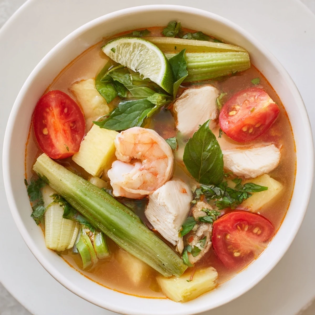 Golden bowl of Vietnamese Canh Chua soup with tender fish chunks, pineapple, and vibrant fresh herbs floating in aromatic broth