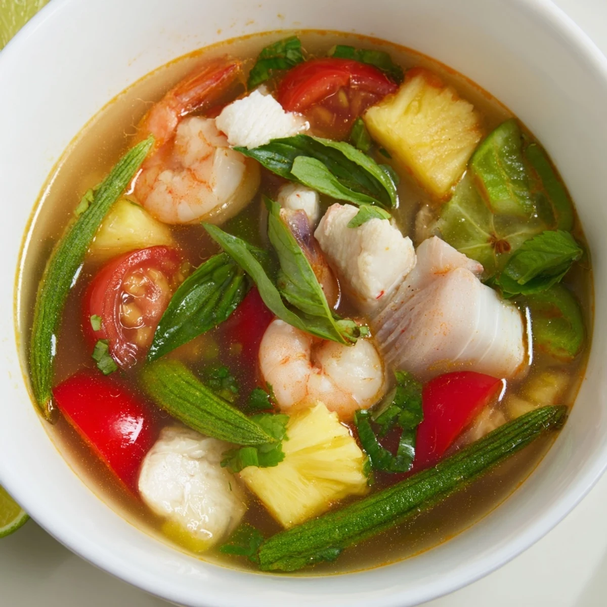 Savory Vietnamese Canh Chura featuring catfish, okra, tomatoes, and bean sprouts in tangy tamarind broth garnished with Thai basil