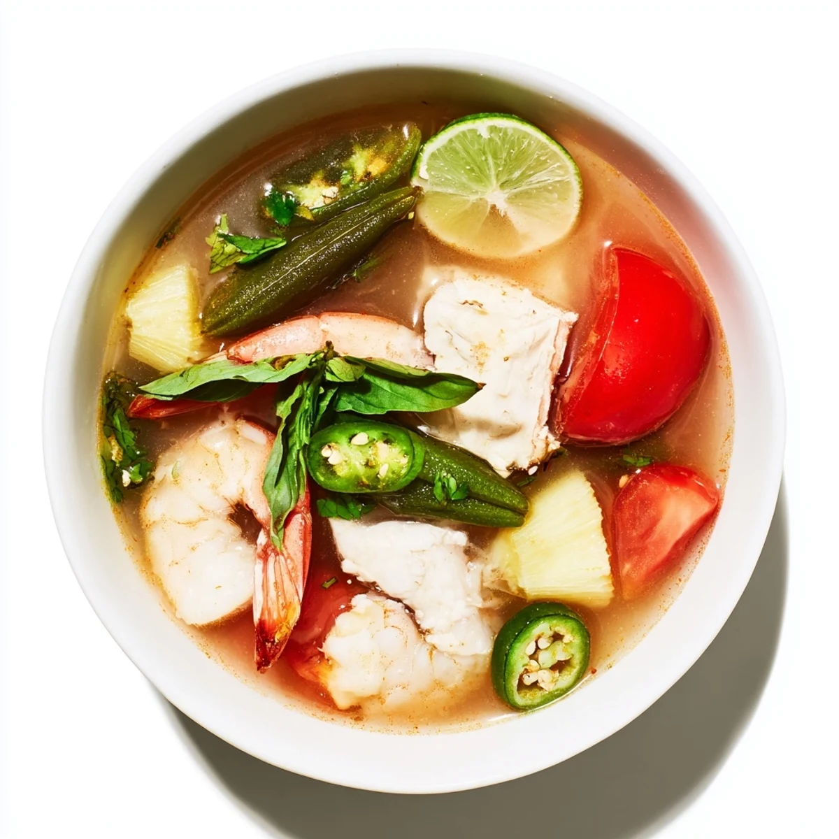 Steaming Vietnamese Canh Chua soup bowl filled with pineapple, fish fillets, and colorful vegetables topped with cilantro and lime wedges