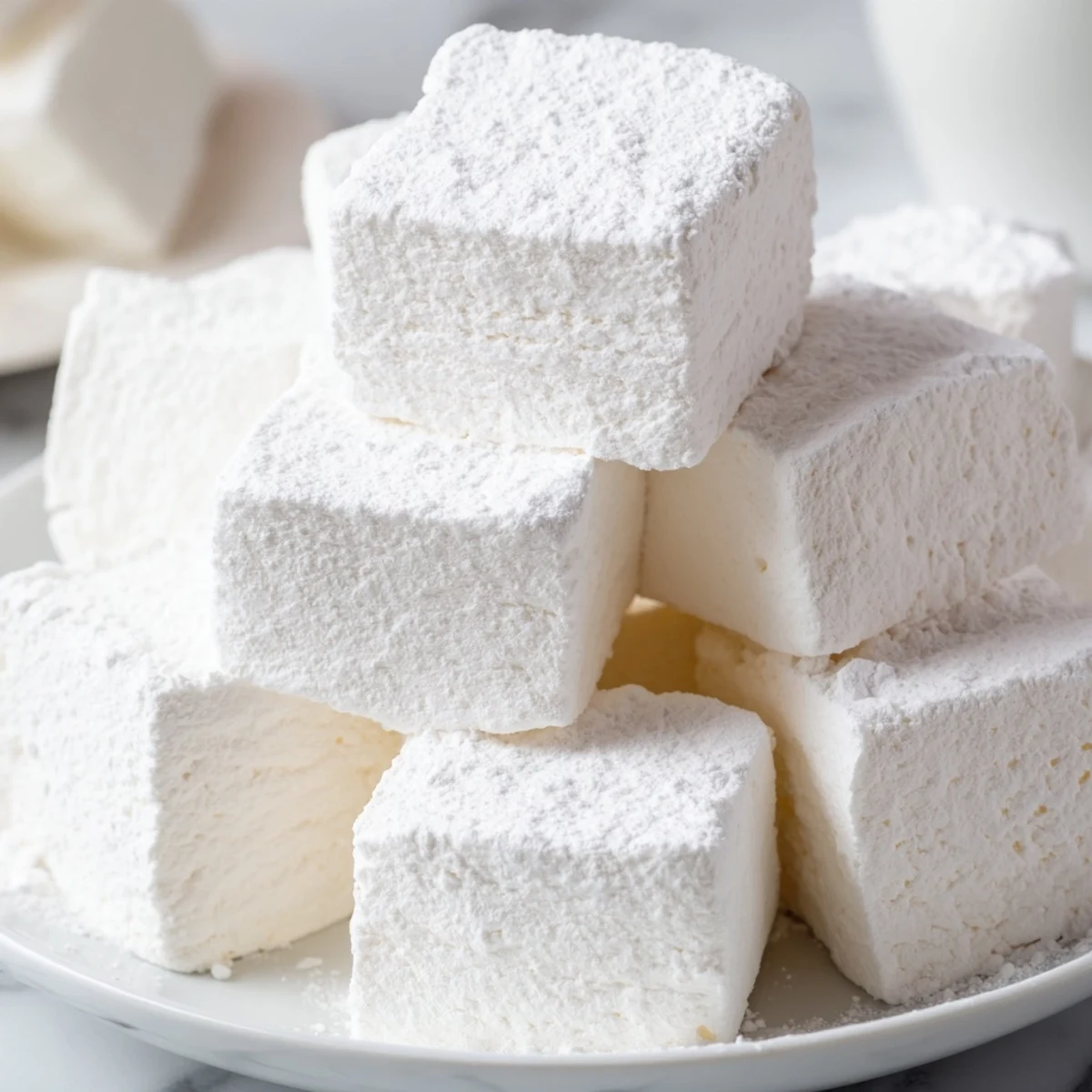 Fluffy white homemade marshmallow recipe squares dusted with powdered sugar on a wooden cutting board