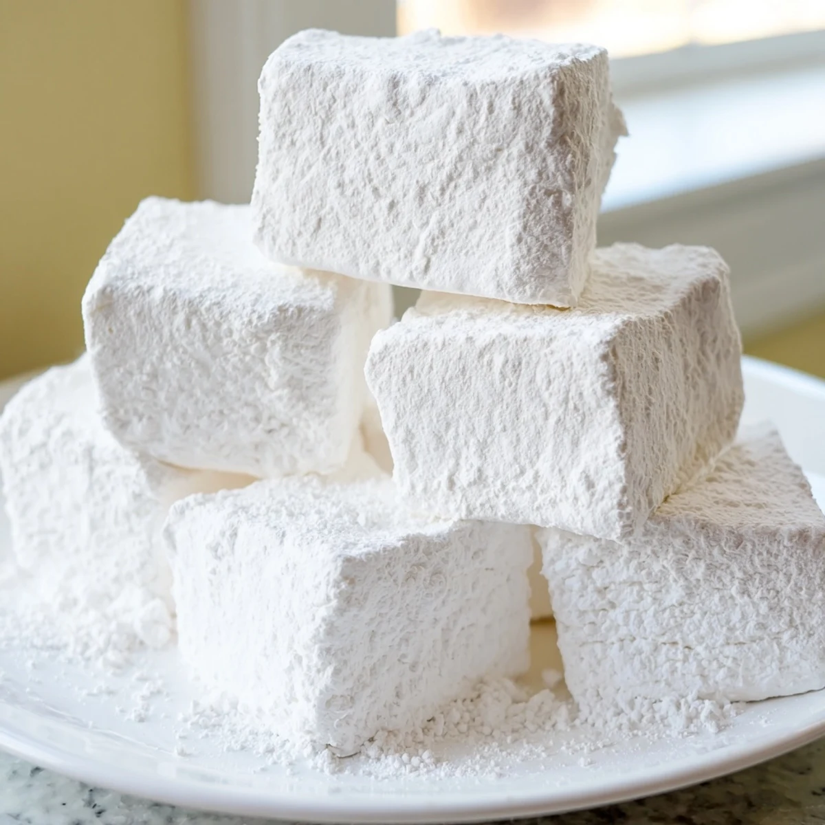Soft pillowy homemade marshmallow recipe pieces ready for hot cocoa and s'mores treats