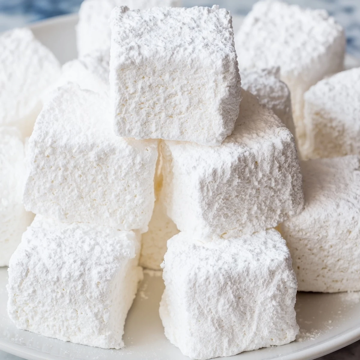 White homemade marshmallow recipe cubes coated in confectioners sugar arranged on a serving platter