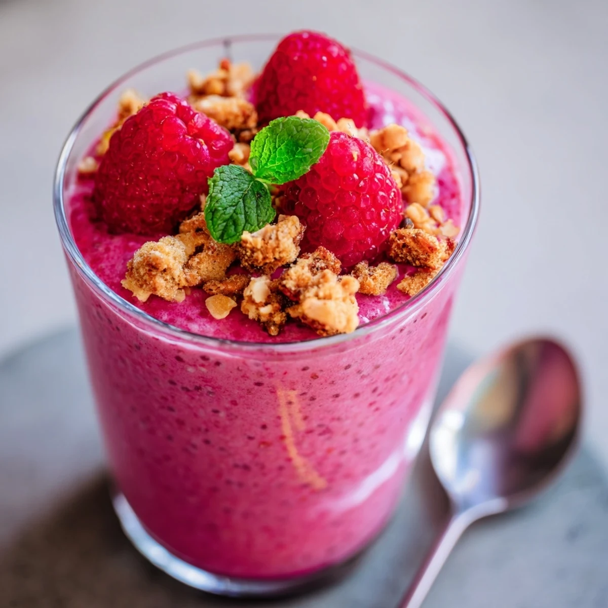 Creamy raspberry chia pudding topped with fresh berries in a clear glass jar